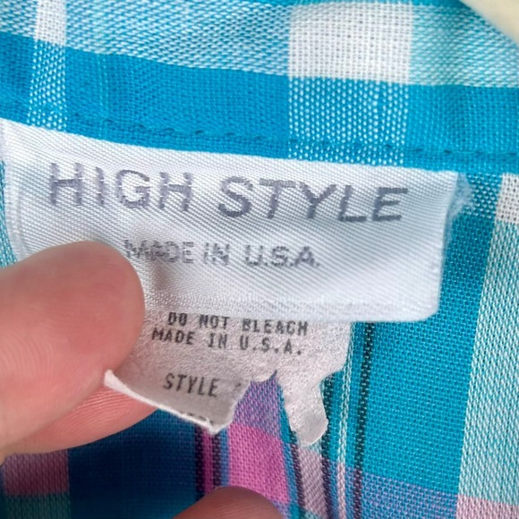 Vintage 90s High Style Plaid Shirt Women XL Blue Pink Button Front Grandma Retro - Picture 7 of 8